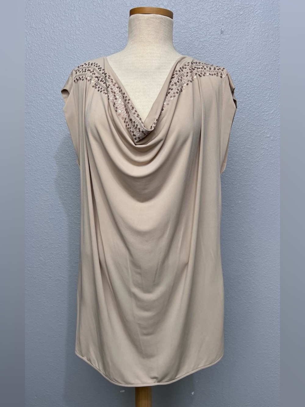 Draped Cowl Neck Blouse with Sequin Trim - Beige